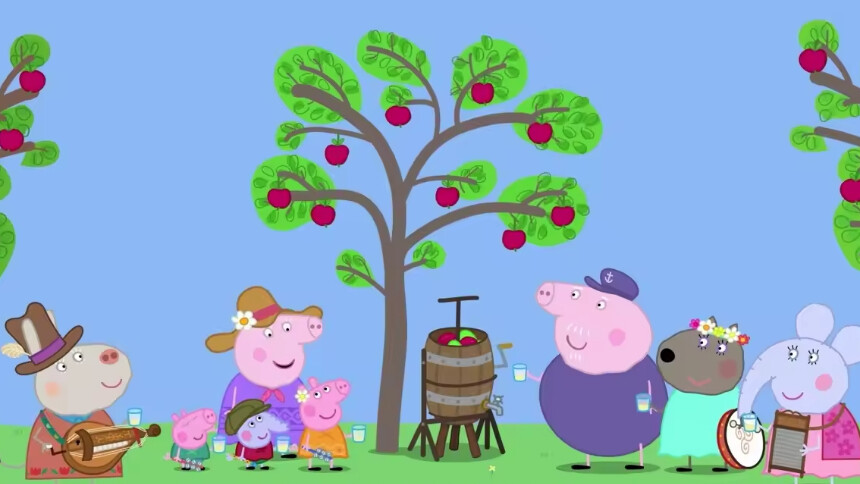 佩奇喝完苹果汁超开心，对着苹果树唱歌致谢