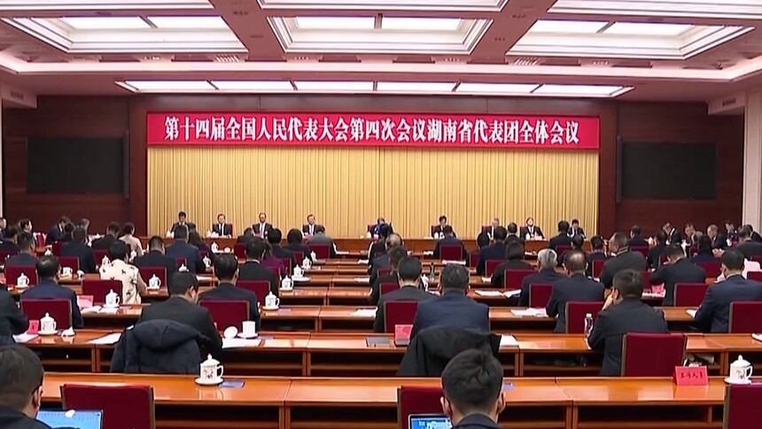 湖南代表团举行第二次全体会议 审议政府工作报告 石泰峰何维张庆伟参加审议 沈晓明主持 毛伟明参加